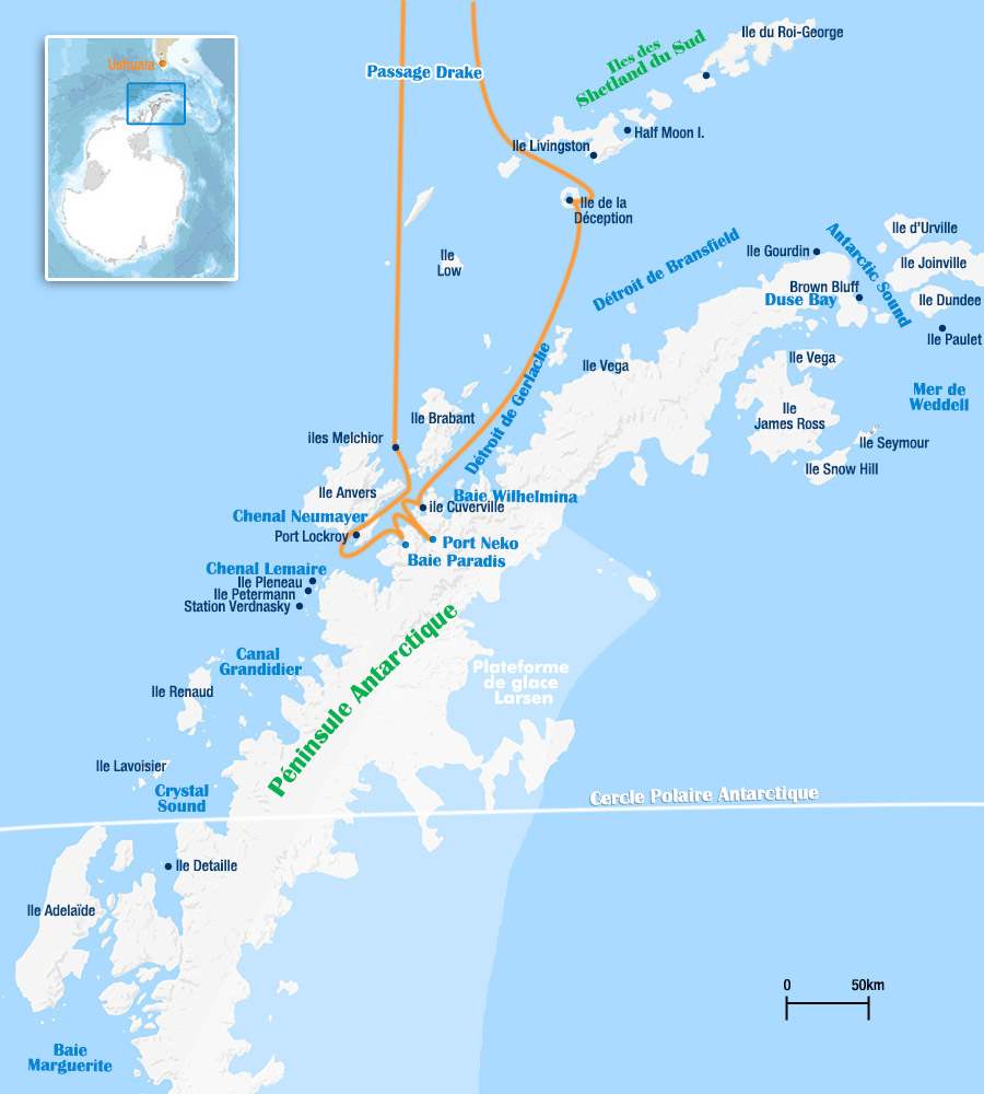 carte de l'itinéraire de croisière en péninsule Antarctique